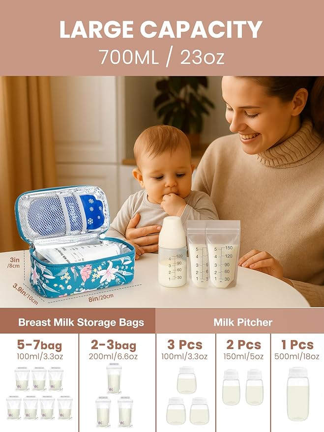 Breast Milk Cooler Travel Bag, Real-Time Temperature Display, Holds 4-6 Breastmilk Storage Bag with 2 Breast Milk Ice Pack, Cooling & Waterproof Portable Cooler for Moms on The Go(Lily)
