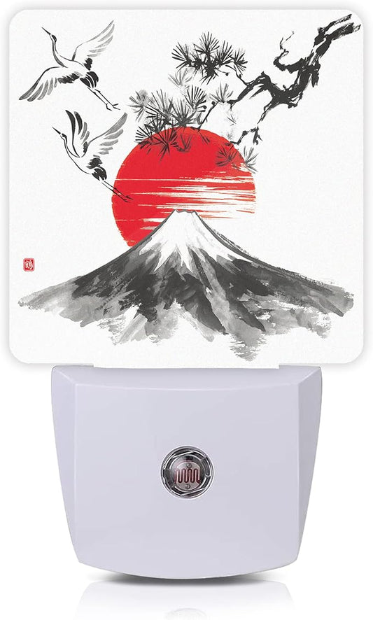 Mountain Fuji Night Light,Sun and Storks Japanese Landscape Night Lights Plug into Wall Led Night for Boys Girls Gifts, Dusk to Dawn Sensor Nightlight 0.5W Sleep Friendly