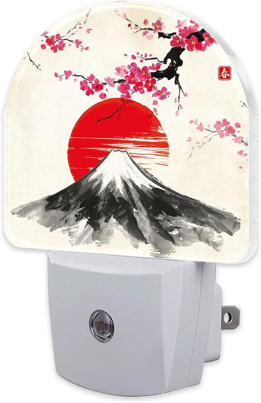 Cherry Blossoms Sun and Mountain Night Light Plug into Wall, Watercolor Ink Painting Dusk to Dawn Night Light,0.5w Energy Saving Friendly Nightlights for Kids Boys Girls Home