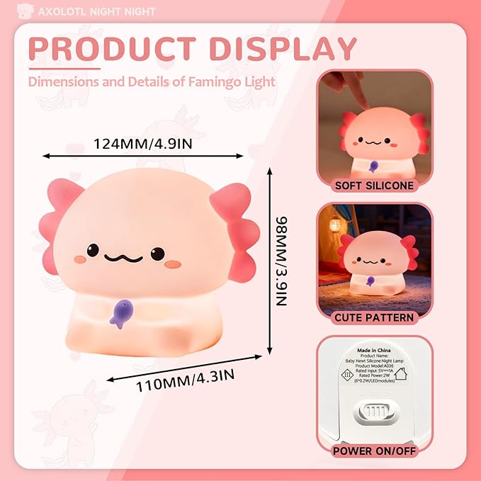 Axolotl Night Light for Kids, Adjustable and Timed Silicone Night Lamp, Axolotl Lamp Room Decor for Nursery Bedroom Suitable for Girls Women