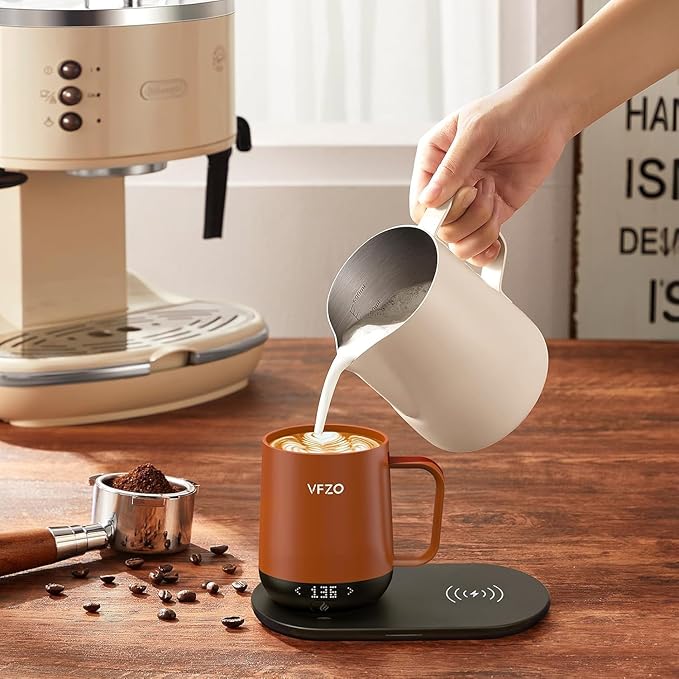 Temperature Control Smart Mug, Self Heating Coffee Mug LED Display, 180 Min Battery Life - Hot up to 149℉ Fast Wireless Charger Base Improved Design coffee serving sets (12oz, Orange)