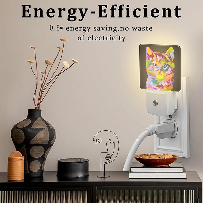 Cat on Pop Art Night Light Plug into Wall, Cute Colorful Cat Dusk to Dawn Night Light, 0.5w Energy Saving Sleep Friendly Nightlights for Kids Boys Girls Home Decor