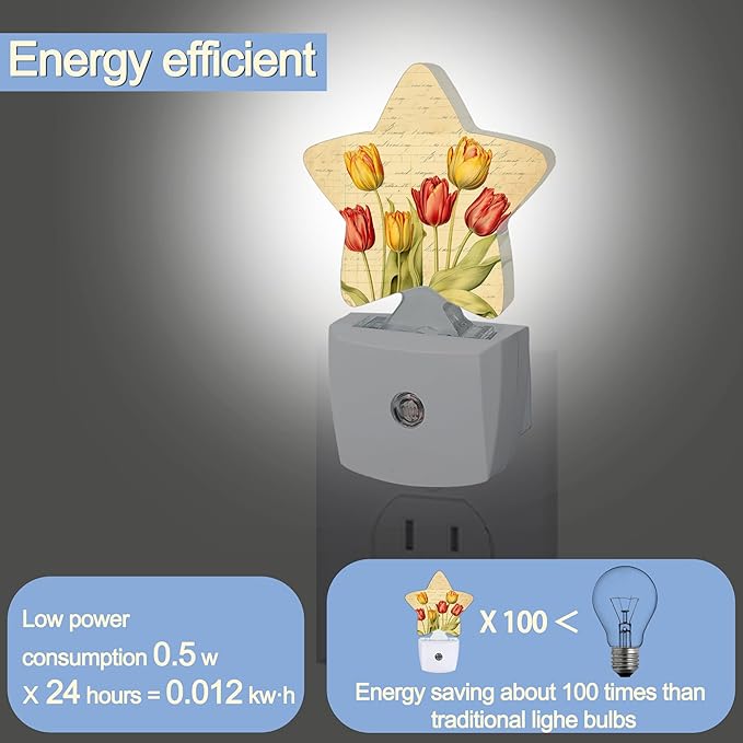 Vintage Tulips Nightlight,Spring Flowers Star Night Lights Plug into Wall Decorations for Bedroom Bathroom,Dusk to Dawn Sensor Kitchen Hallway Stairs Energy Efficient Desk Lamp