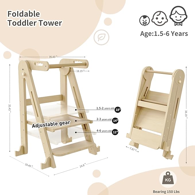 Kids Kitchen Step Stool, Foldable Toddler Tower, Height Adjustable Toddler Standing Tower with Safty Rail and Anti-Slip Device, Wooden Stool for 1.5-6 Years(Nature-Wood)