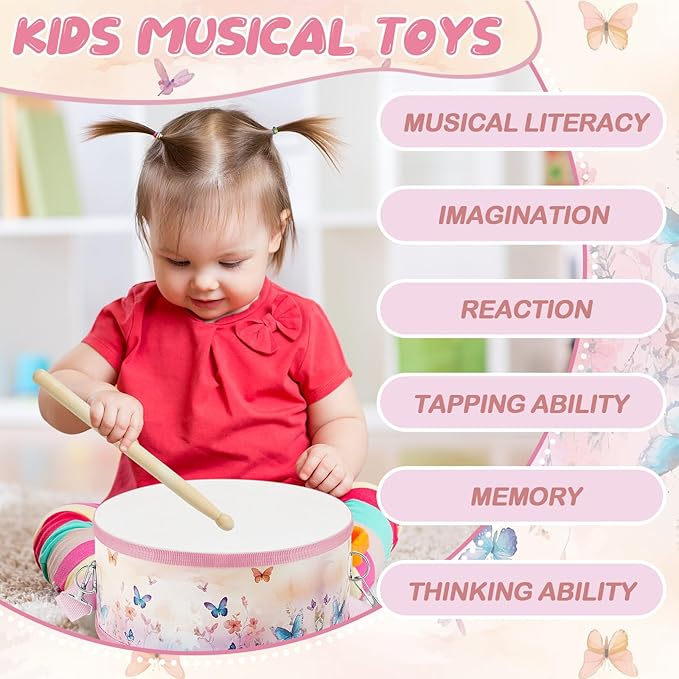 Boao 1 PC Kids Drum Set, 8 Inch Toddler Drum Wooden Toy with Adjustable Strap and 2 Drumsticks, Educational Sensory Musical Instrument for Toddlers Kid Baby Boys Girls Gift(Butterfly)