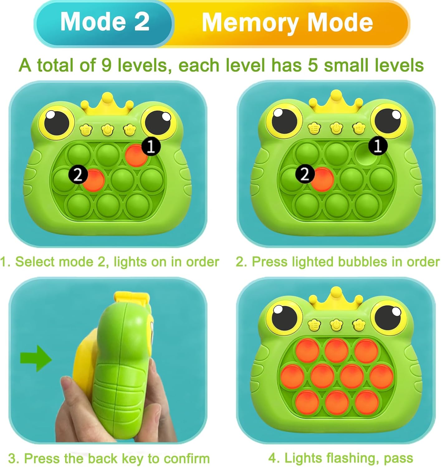 Pop Quick Push Game Console Fidget Toys Light Up Handheld Puzzle Press Popping Toy for Kids Adult Cute Green Frog