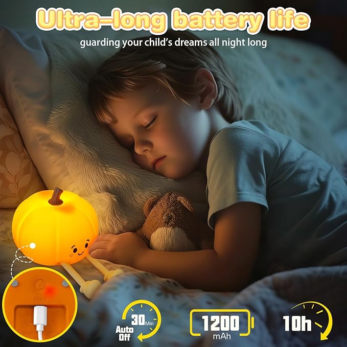 Night Light for Kids, Rechargeable Dimmable Silicone LED Nightlight, Baby Nursery Night Lamp, Touch Squishy Lamp, Halloween Gifts for Girls, Boys, Toddler Room Decor, Pumpkin