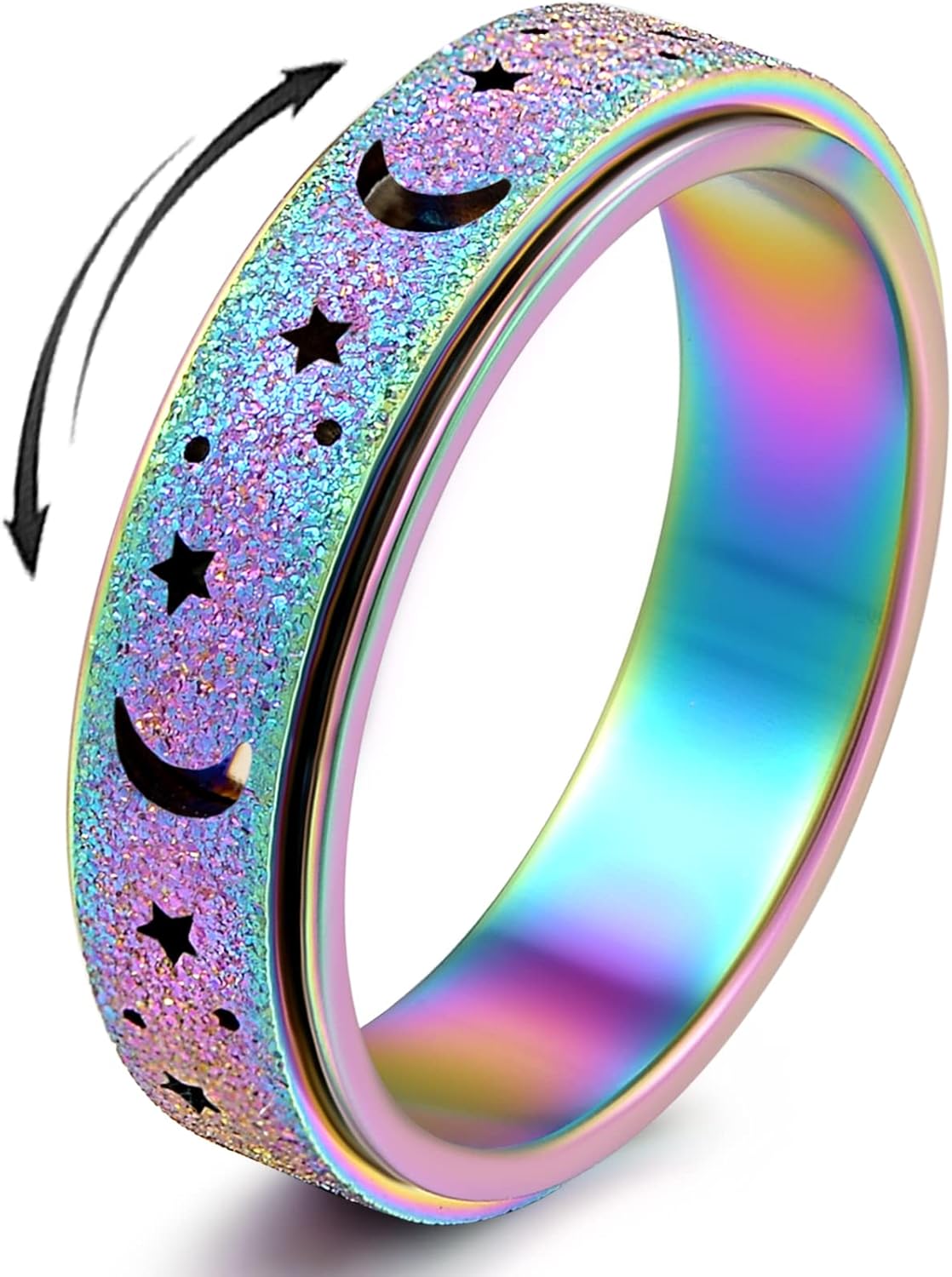 Anxiety Ring for Women Spinner Ring Fidget Ring Fidget Toys Adults Thumb Spinner Rings for Men Stainless Steel Moon Star Rainbow Size 9