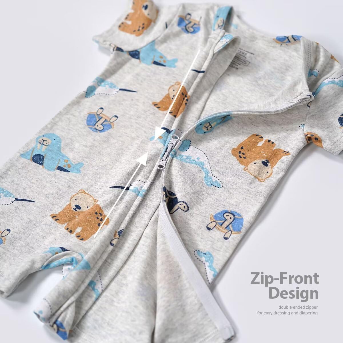 Teach Leanbh Unisex Baby 2 Pack Pajamas Cotton Short Sleeve 2 Way Zipper Printing Soild Romper Jumpsuit Sleep and Play