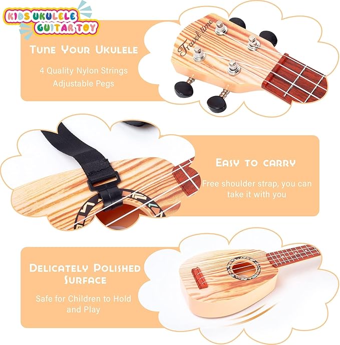 YOLOPLUS+ 17 Inch Kids Ukulele Guitar Toy 4 Strings Mini Children Musical Instruments Educational Learning Toy for Toddler Beginner Keep Tone Anti-Impact Can Play with Picks/Strap/Primary Tutorial