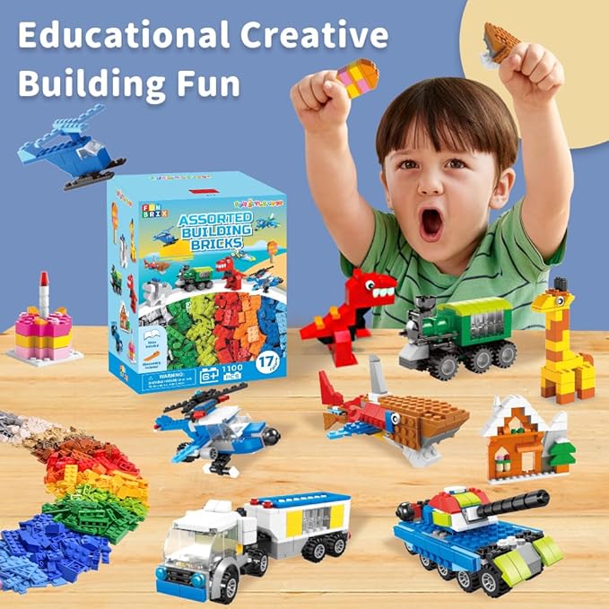 1100 Piece Building Blocks Classic Building Toys, Creative Bulk Building Bricks Sets Compatible with Legos Baseplate Sets 17 Colors Mixed 147 Shapes for Kids Party Favors Birthday