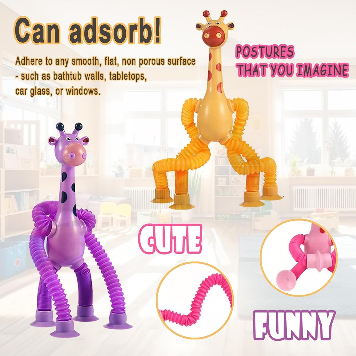 Bendable Giraffe Figures, Set of 4 Flexible Giraffes, Telescopic Suction Cup Giraffe Toy, Telescopic Pop Tubes, Fidget Tubes Sensory Toys for Girls Boys