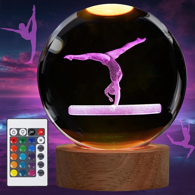 Gymnastics Night Light, Gymnastics Gifts for Girl, Gymnastics 3D (3.15 in) Crystal Ball Night Light with Remote Upgraded Lamps with 16 Color for Birthday Xmas Cool Room Decor for Boys Girls