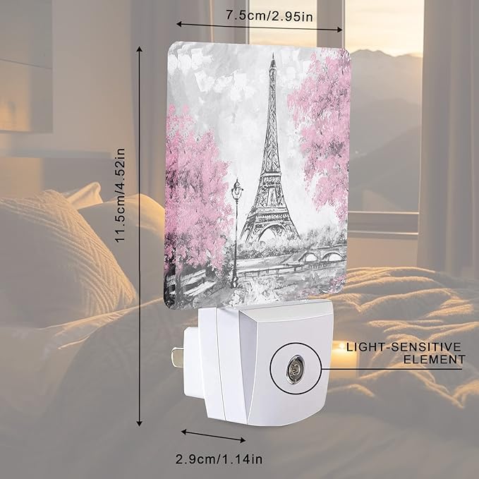 Eiffel Tower Paris Pink Flower Night Light Plug-in LED Nightlights Auto Sensor Night Lamp Dusk-to-Dawn Lamp Home Decor for Nursery Children Girls Boys