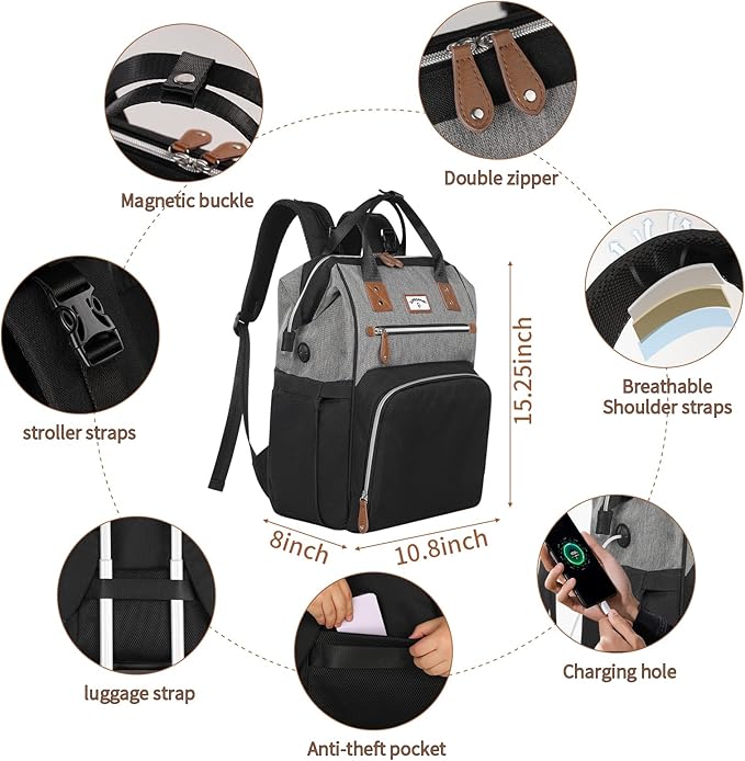 Diaper Bag Backpack:Baby Bag Large Tote Diaper bag for Boys and Girls, Men's Diaper Backpack, Women's Shoulder Mommy Bag, 2 Kids Nappy bag for mom and dad Black Grey