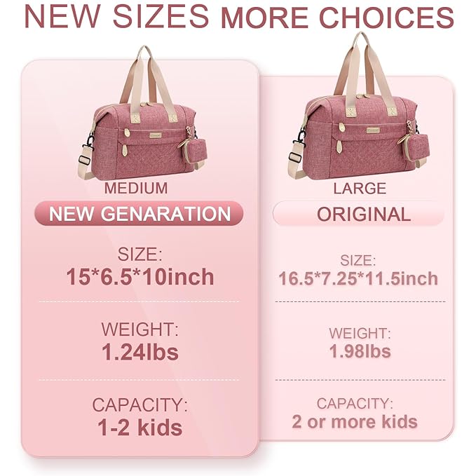 Diaper Tote, Baby Bags with Pacifier Case, Shoulder Straps, Stroller Clips, Waterproof Mommy Bag - Medium, Pink