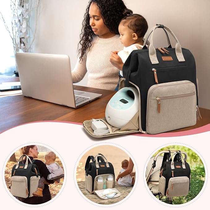 Breast Pump Bag for Spectra S1 S2 Medela, Convertible Large Diaper Bag Backpack for Working Moms with 14 inch Laptop Sleeve & Cooler Storage, Black Khaki