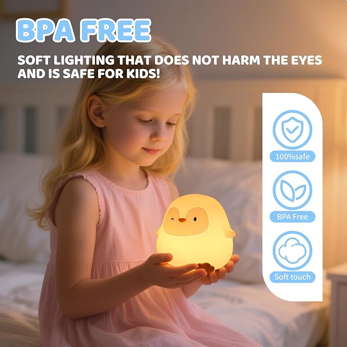 Squishy Penguin Silicone Night Light for Kids - USB Rechargeable LED Lamp with Soft Touch, Long Lasting Battery & Touch Control - Cute Penguin Light for Kids Room, Decor & Gifts