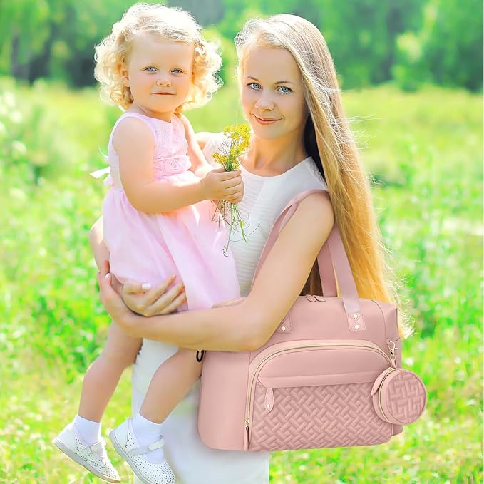Diaper Bag Tote, Baby Bag Travel Diaper Tote Bag with Pacifier Case, Cute Maternity Hospital Baby Stylish Diaper Tote for Mom Dad Medium Size, Pink