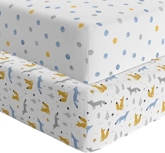 Featherhead™ 2-Pack Fitted Crib Sheets - 100% Cotton - 52" x 28" x 9" for Standard Crib and Toddler Mattress (Percale Blue Foxes)