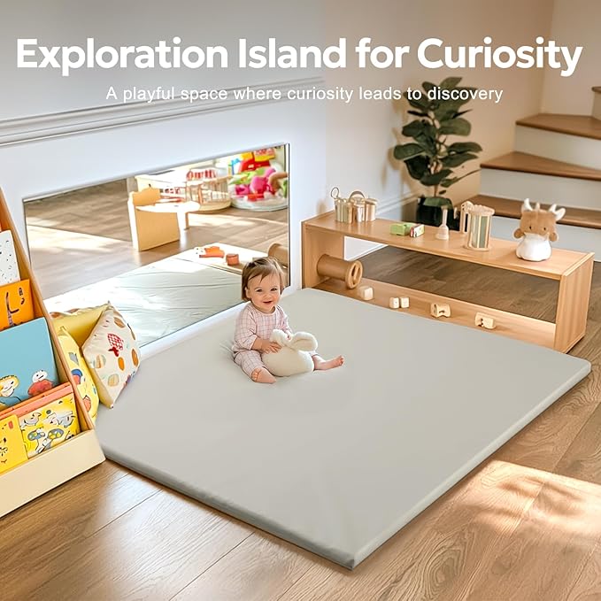 Mallify Vegan Leather Baby Play Mat, 50x50 Thick & Waterproof Foam Playpen Mat for Babies and Toddlers, Non-Toxic Baby Play mats for Floor, Gray