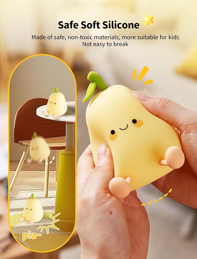 Pear Night Light for Kids, Nursery Night Lights, Bedside Touch Lamp, Cute Silicone Nightlight for Baby Toddler, 3 Level Dimmable Soft Night Lamps Gift for Bedroom Kids Room Decor