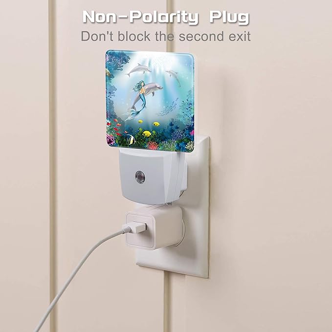 Cute Dolphins with Mermaid Night Light, Underwater World Marine Fish Corals Dusk to Dawn Night Light Plug in,0.5w Energy Saving Sleep Friendly NightLight for Kids Boys Girls Home Decor