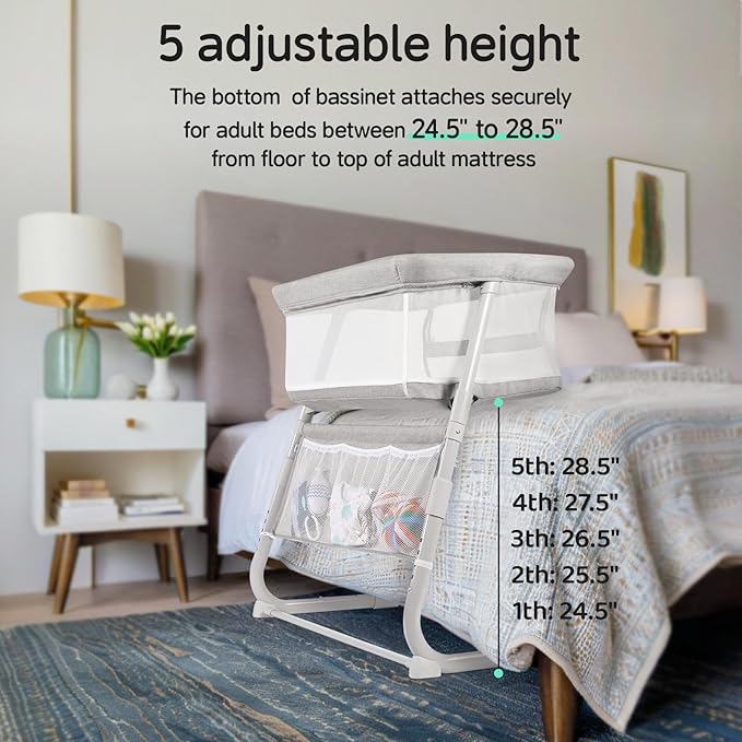 Cowiewie Bassinet Bedside Sleeper,Baby Bassinets Higher Place on Bed,5-Position Adjustment Baby Crib,Breathable 360°All-Around Mesh Sides Bedside Bassinet,Space-Saving Bedside Cribs, (Light Grey)