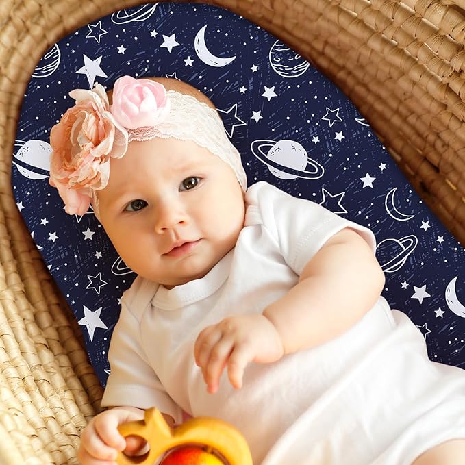 Baby Bassinet Sheets Girl Boy, Fitted Bassinet Sheet Set 3 Pack Bassinet Mattress Sheets Universal Fit for Rectangle, Round, Oval, Hourglass Mattress, Soft Breathable Blue Gray Planet