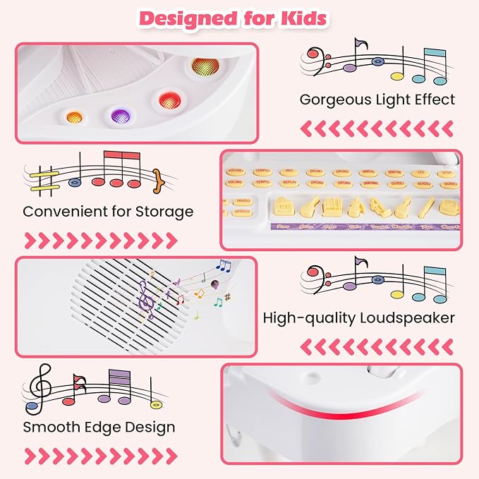 HONEY JOY Classical Kids Piano, 37-Key Toy Mini Grand Piano with Music Stand & Stool, Portable Electronic Educational Musical Instrument Toy w/ Microphone, Lights, Gift for Kids (White, 37 Keys)
