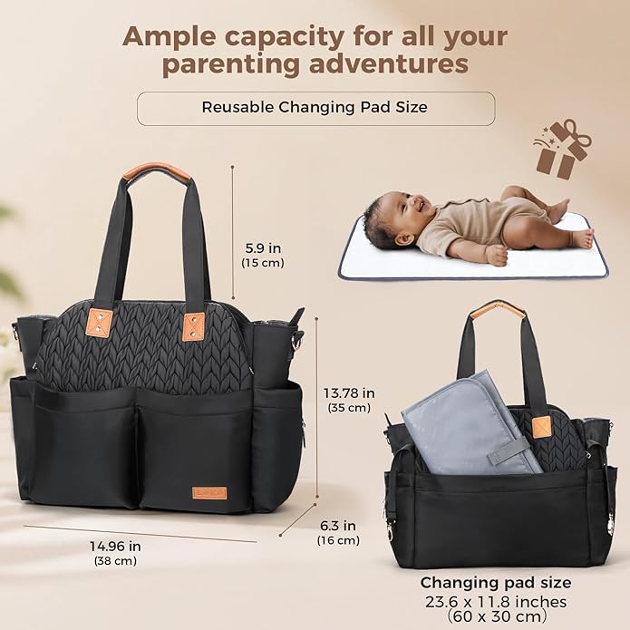 Lekebaby Diaper Bag Tote, Large Diaper Bags Waterproof,Large Mommy Bag Tote Bag Handbag Pink Travel, Black and Beige