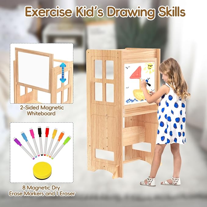 4 in 1 Toddler Step Stool Convertible Table and Chair, Adjustable-Height Toddle Kitchen Step Stool Helper Tower with Double-Sided Whiteboard, Kids Learning Standing Tower for Bathroom Sink