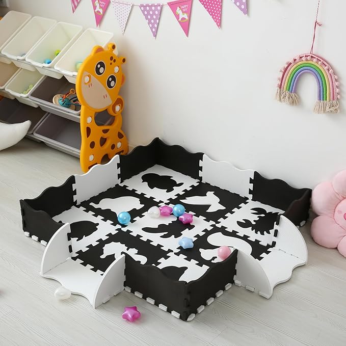 Foam Play Mat for Kids，25Pcs Square Interlocking Puzzle Floor Mat，Baby Play Mat Floor Mat Foam Puzzle Playmat for Toddlers with Fence - Black Animals