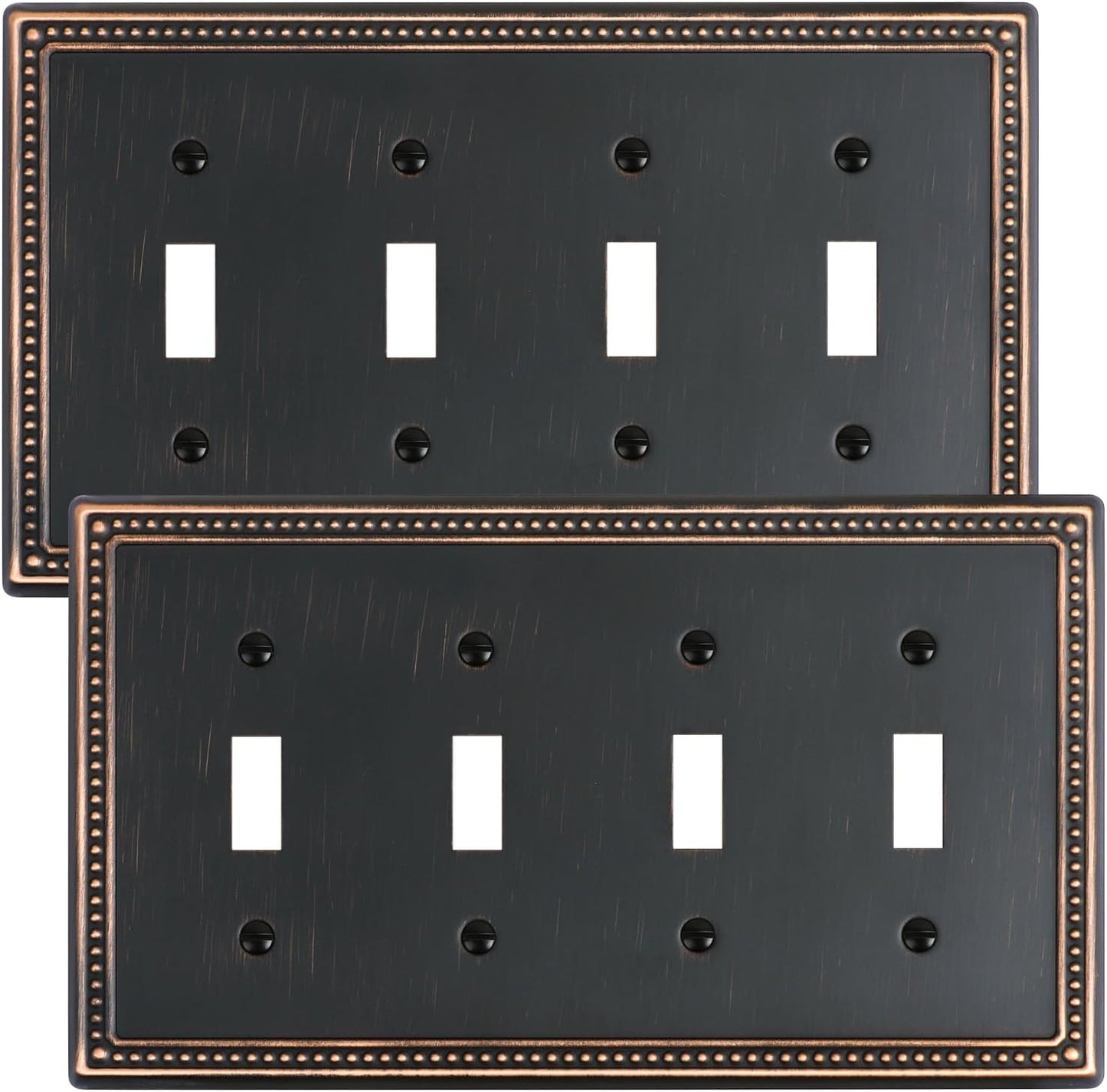 2-Pack Quad Toggle Light Switch Cover Plate, 4 Gang Metal Switch Plate Covers, Aged Bronze Pearls Decorative Wall Plate, Corrosion Resistant