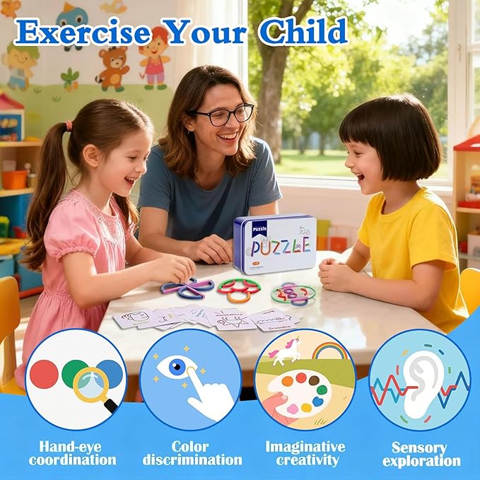 Wooden Pattern Blocks Shape Puzzles Sticks & Rings Wooden Puzzle Stem Preschool Brain Teaser Montessori Toys Gift for 3+ Years Old Activity Kids Boy Girl