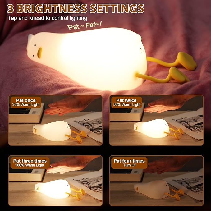 Duck Night Light, Touch Control Dimmable Silicone Bedside Lamp for Kids, USB-C Charging & 30-Min Timer, Nursery Decor Gift