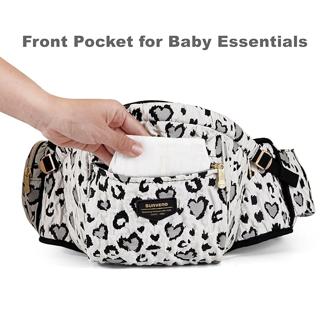 SUNVENO Baby Hip Carrier with Hip Seat, CPC-Certified, Ergonomic Infant Carrier for Newborns & Toddlers up to 45 lbs, Adjustable Waistband, Multiple Pockets, All-Season, Grey,Leopard Print
