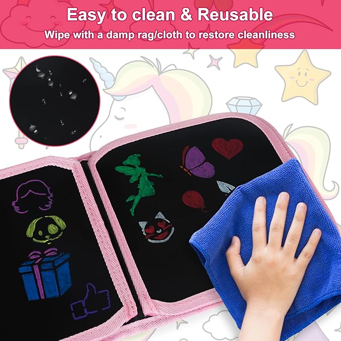 Erasable Book Doodle Set for Kids,Reusable Magic Drawing Book for Kids with 12 Watercolor Pens 14 Page Drawing,Road Trip Car Game Writing Painting Set for Boys and Girls (Pink Unicorn)