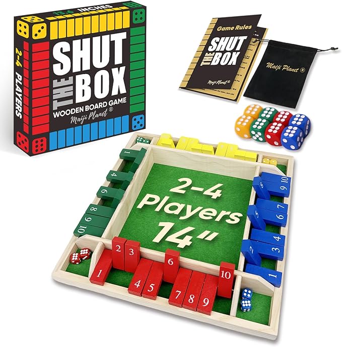 14" Deluxe Shut The Box Game, Math Dice Board Game for Family Night Classroom Travel, Wooden Table for Group Kid Adult Senior, Travel Party Bar, Easy Quick and Fun, 2-4 Players