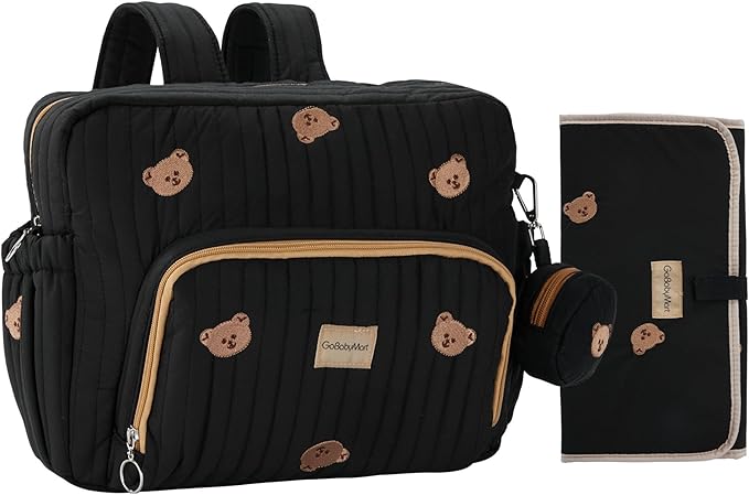 Diaper Bag Backpack, Medium Maternity baby bag & Changing Pad, Insulated Pockets, Stroller Straps & Pacifier Case (Medium - Black Bears)