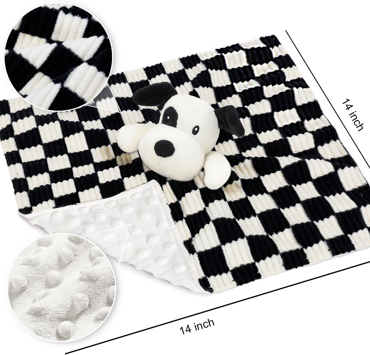 Baby Security Blanket for Boys Girls, High Contrast Super Soft 3D Checkerboard Gingham with Minky Dot Fabric Backing Snuggle Stuffed Animal Blankie Puppy Lovely Black 14 Inch