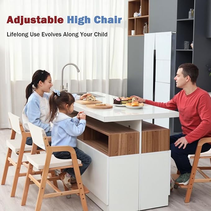 Swegrow Wooden High Chair with 2 Wheels, Adjustable Seat - Backrest - Footrest Heights, Wooden High Chair for Toddlers - Kids and Baby, Kids Dining Chair with Removable Cushion(Beige)