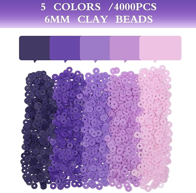 4000pcs Purple Clay Beads for Bracelets Making 6mm Heishi Beads Polymer Flat Round Disc Clay for Jewelry Making Purple Bead Crafts
