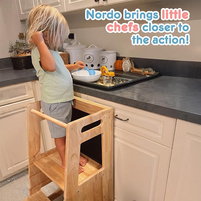 Toddler Kitchen Stools Helper with Adjustable Height and Anti-Slip Protection, Kids Standing Tower with Safety Rail, Kids Montessori Stool with Learning Chalkboard, Natural