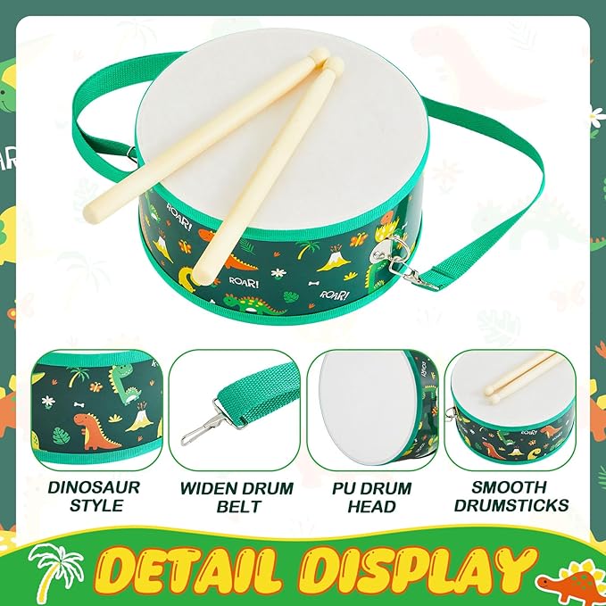 Boao 1 PC Kids Drum Set, 8 Inch Toddler Drum Wooden Toy with Adjustable Strap and 2 Drumsticks, Educational Sensory Musical Instrument for Toddlers Kid Baby Boys Girls Gift(Dinosaur)