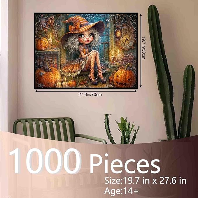 1000 Piece Halloween Puzzle for Adults Cute Girl Witch Art Jigsaw Puzzle Spooky Pumpkin Witch Hat Puzzles Challenging Aesthetic Fall Puzzle for Family Game Nights Rustic Halloween Decor Gifts