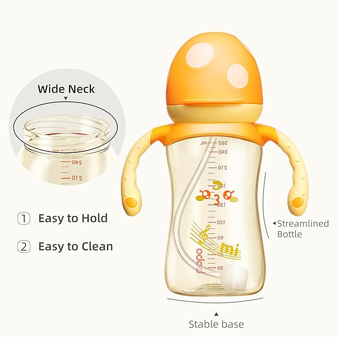 YOHKOH Natural PPSU Baby Bottle with Natural Response Nipple, Newborn Anti-Colic Baby Bottles with Handle, Wide Neck Mushroom Cap Baby Bottle (8.8oz (Pack of 4), Yellow1)