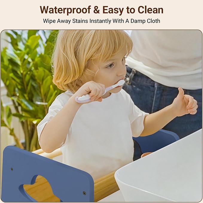 COSYLAND Toddler Standing Tower Adjustable Height - Super Stable Kids Kitchen Stool Helper - 3 Levels Adjustable Wooden Toddler Kitchen Stool (Natural & Navy Blue)