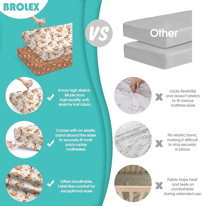 Pack n Play Sheets, BROLEX 2 Pack Mini Crib Sheets,Stretchy Portable Fitted Playard Sheet Set, Convertible Playard Mattress Cover,Ultra Soft Breathable Material,Squirrel & Foliage