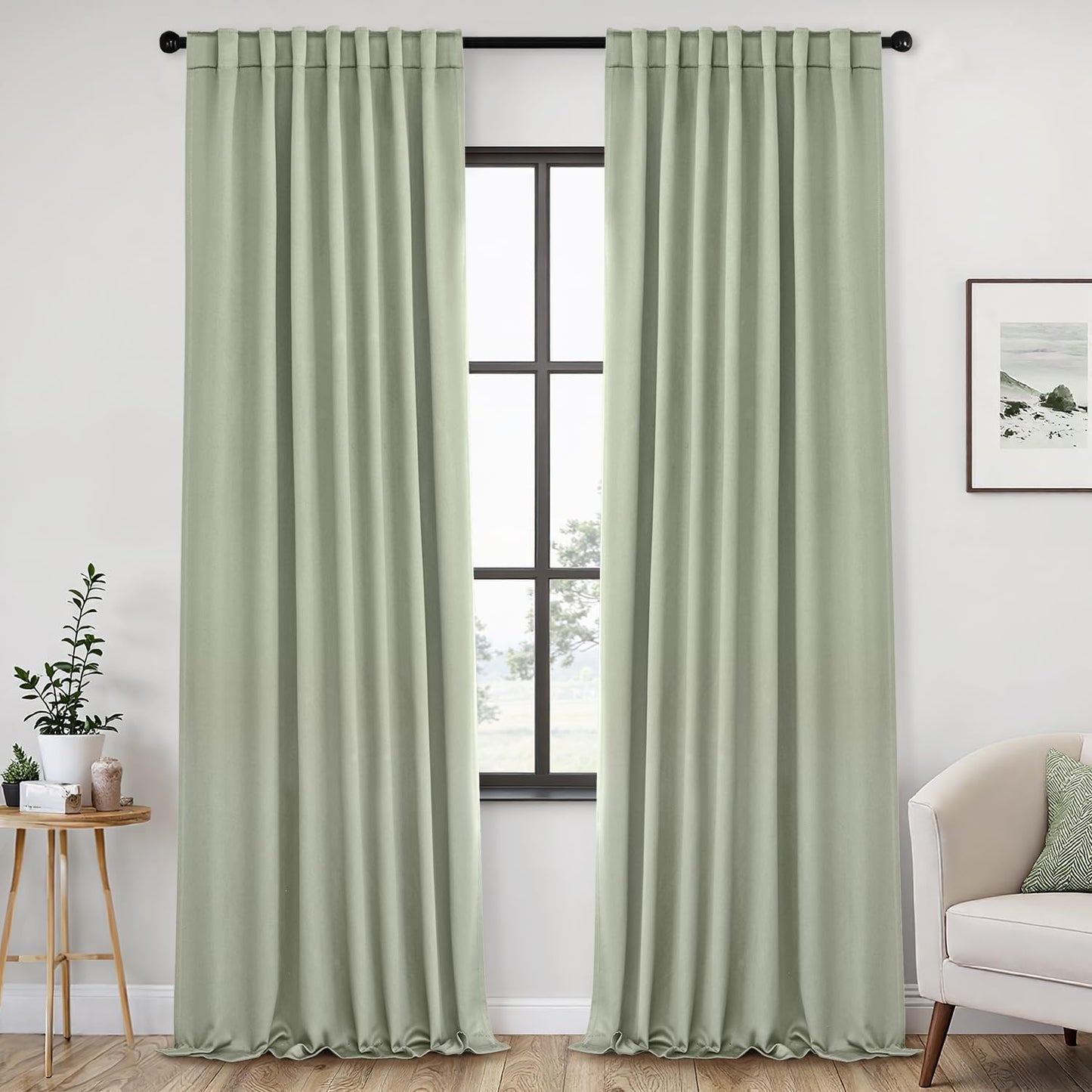 ANRODUO 96 Inch Long Blackout Curtains Sage Green Thermal Insulated Room Darkening Drapes with Hooks, Rings, Clips for Living Room Bedroom 2 Panels Set